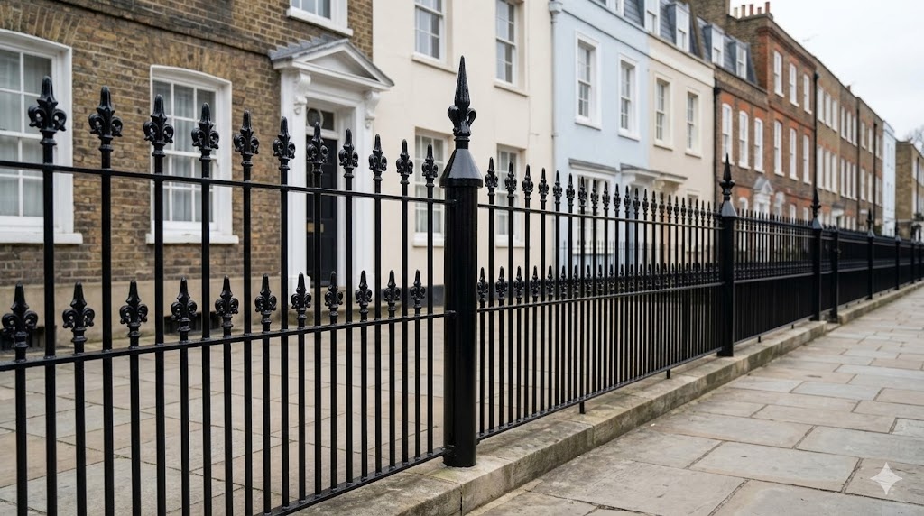 Ornate decorative iron finials on newly installed London railings
